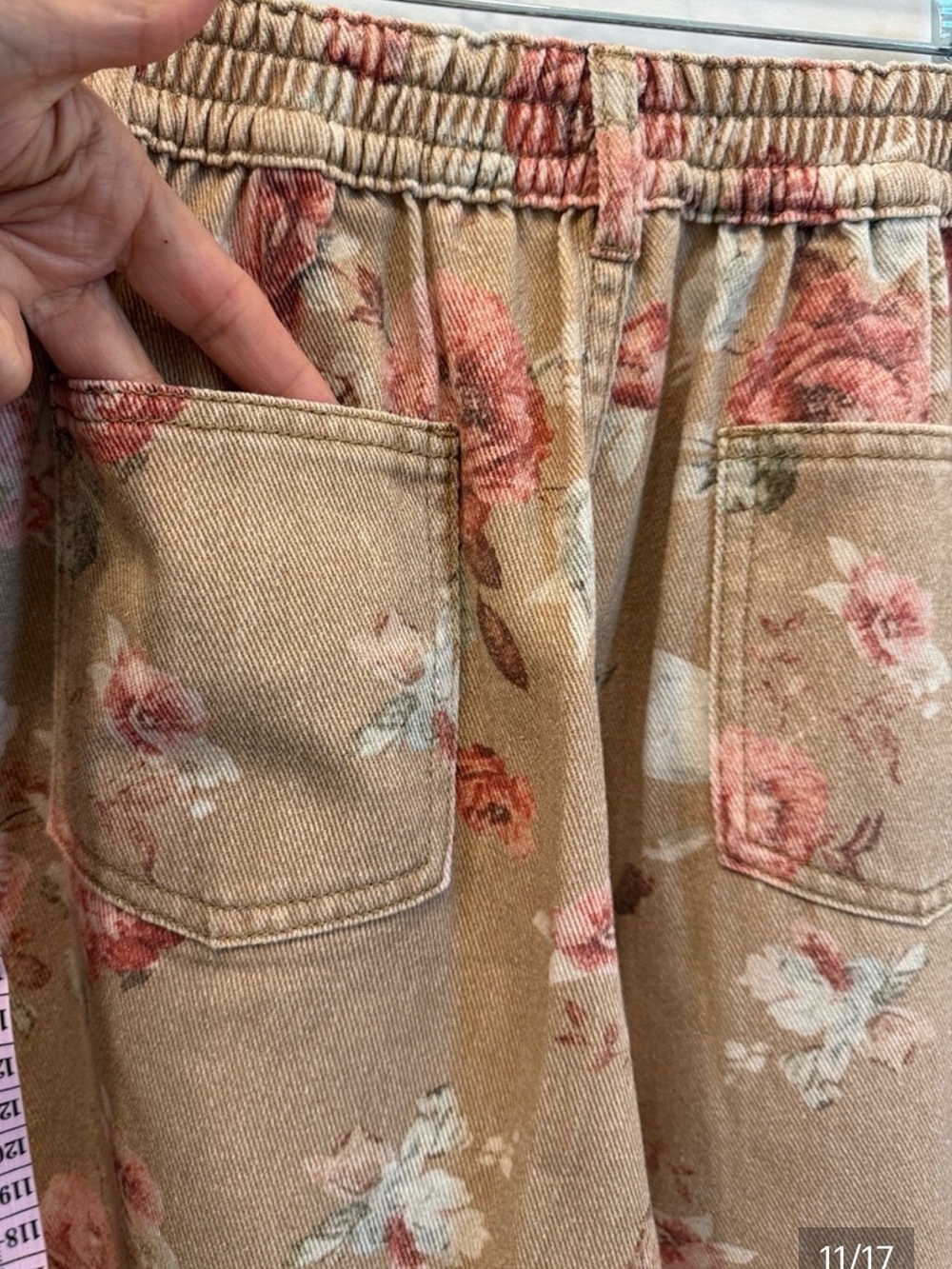 Floral Print Elastic Waist Skirt - Beige with Rose Floral